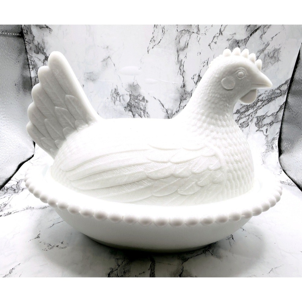 Vintage White Milk Glass Hobnail Hen on Nest Covered Dish 7 Inch Unmarked